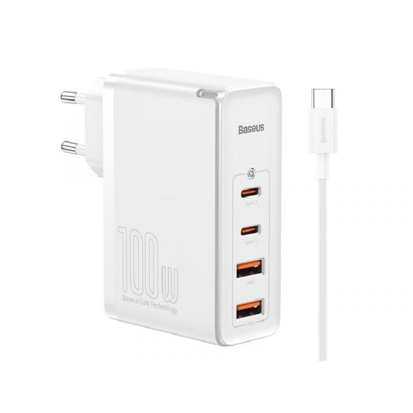 BASEUS hálózati töltő 2 USB+2 Type-C aljzat (100W, GaN2, PD gyorstöltő 4.0 + Type-C kábel) FEHÉR