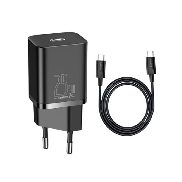 BASEUS hálózati töltő Type-C aljzat (25W, PD gyorstöltő + Type-C kábel) FEKETE