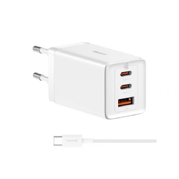 BASEUS hálózati töltő USB+2 Type-C aljzat (65W, PD gyorstöltő + Type-C kábel) FEHÉR