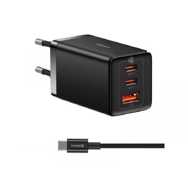 BASEUS hálózati töltő USB+2 Type-C aljzat (65W, PD gyorstöltő + Type-C kábel) FEKETE