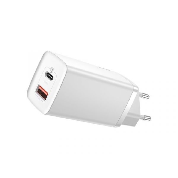 BASEUS hálózati töltő USB+Type-C aljzat (65W, GaN2, PD gyorstöltő 3.0) FEHÉR