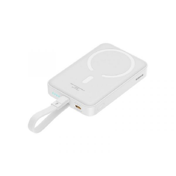 BASEUS MAGNETIC MINI vésztöltő Type-C aljzat (10000mAh, 20W, gyorstöltő, wireless, MagSafe + fix lightning kábel) FEHÉR