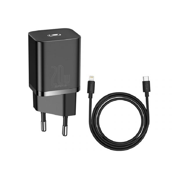 BASEUS SUPER SI hálózati töltő Type-C aljzat (20W, PD gyorstöltő + Type-C - lightning kábel) FEKETE