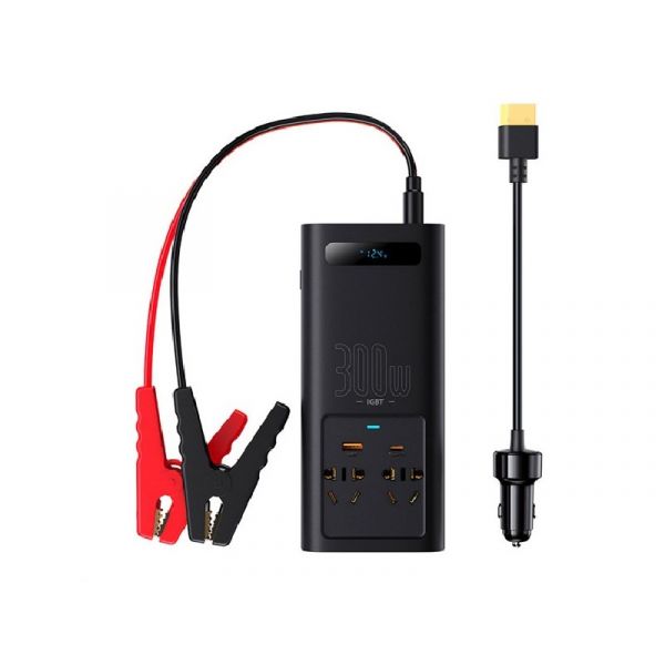 BASEUS szivargyújtós inverter (2 AC, USB, Type-C, 240V CN/EU, 300W, LED jelzés + indítókábel) FEKETE
