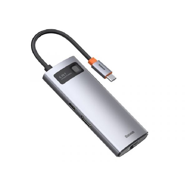 BASEUS Type-C HUB 6in1 (aktív, elosztó, HDMI+3 USB+Type-C+RJ45 aljzat, PD gyorstöltő) SÖTÉTSZÜRKE