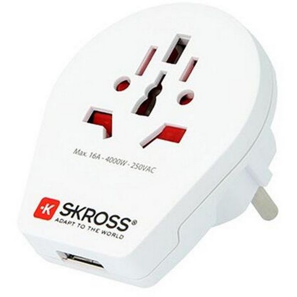 SKROSS utazó adapter USB aljzat (240V/16A, US, UK, IT, AUS - EU2 pin, földelt) FEHÉR (1.500260)