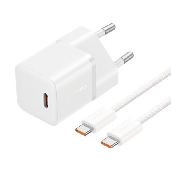 Baseus GaN5 Mini hálózati gyorstöltő 20W, USB Type-C, 1m kábellel, fehér (P1011090021301)