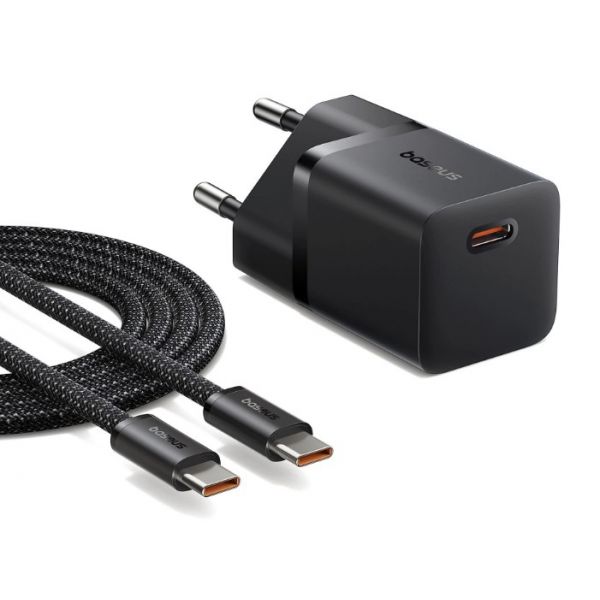 Baseus GaN5 Mini hálózati gyorstöltő 20W, USB Type-C 1m kábellel, fekete (P1011090011300)