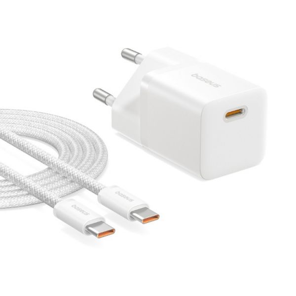 Baseus GaN5 Mini hálózati gyorstöltő 30W, USB Type-C, 1m kábellel, fehér (P1011090221300)