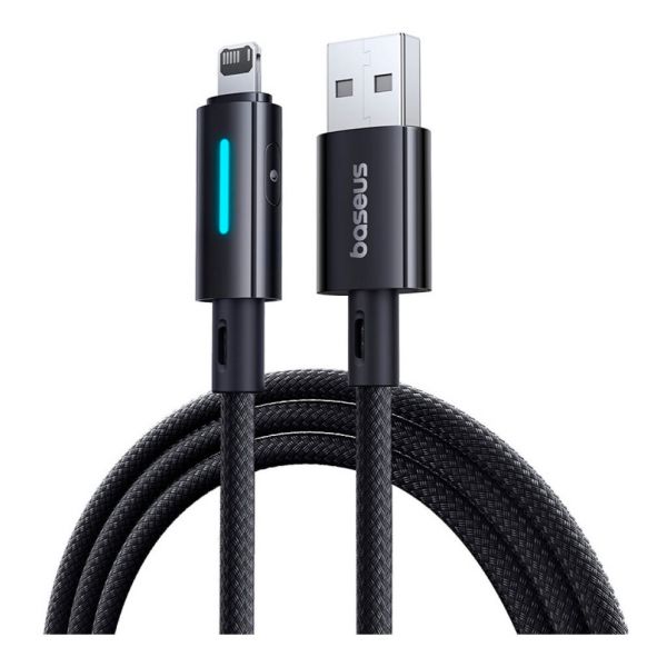 BASEUS adatkábel (USB - lightning, 2.4A, PD gyorstöltő, 100cm, cipőfűző, törésgátló, LED kijelző) FEKETE (P10379003121-00)