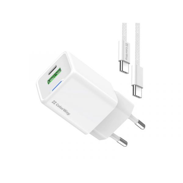 COLORWAY AC töltő GaN Mini, 30W + USB kábel Type-C (CW-CHS053PDC-WT)