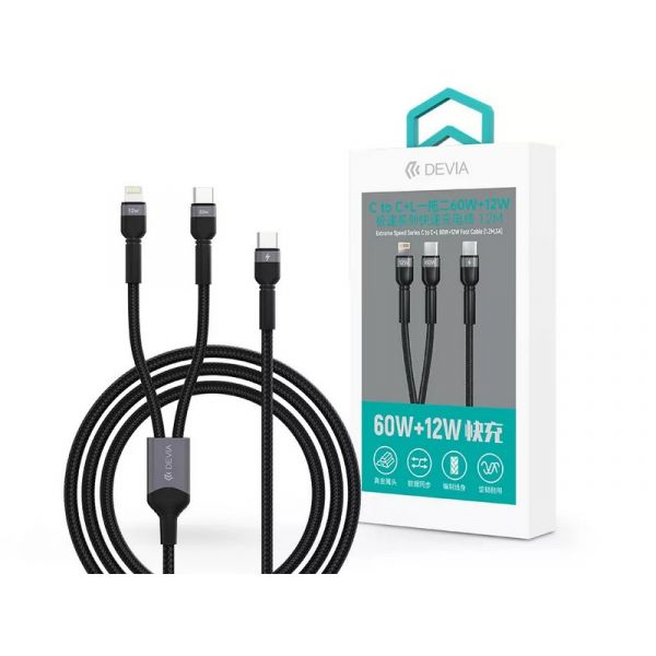 Devia Extreme Speed Series 60W+12W Type-C/Type-C + Lightning adat- és töltőkábel 1.2m (ST111653) fekete