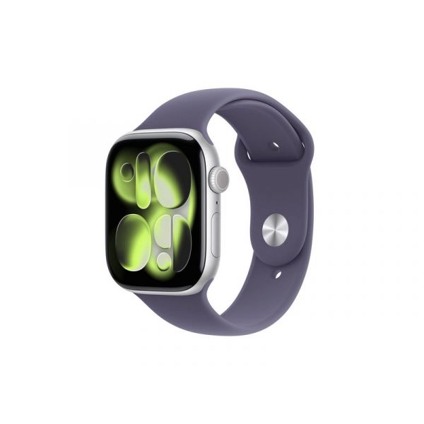 Apple Watch Series 11 GPS + Cellular 42mm-es ezüstszínű alumíniumtok, ködös lila sportszíj – S/M (MF8H4MP/A)