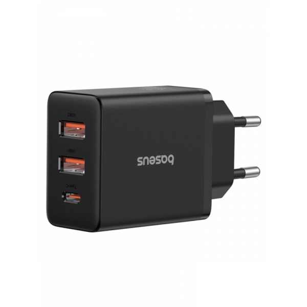 Baseus Cube hálózati gyorstöltő 30W, USB Type-C + 2×USB Type-A, fekete (P10111402113-00)