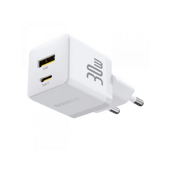 Baseus Palm hálózati gyorstöltő 30W, USB Type-C + USB Type-A, fehér (P1011160A213-00)