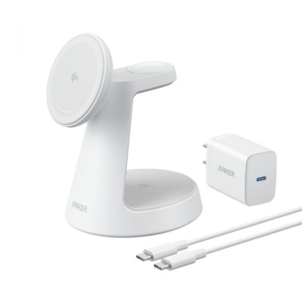 Anker MagGo Wireless Charging Station (3-in-1, Dock Stand) cable and charger bundle White