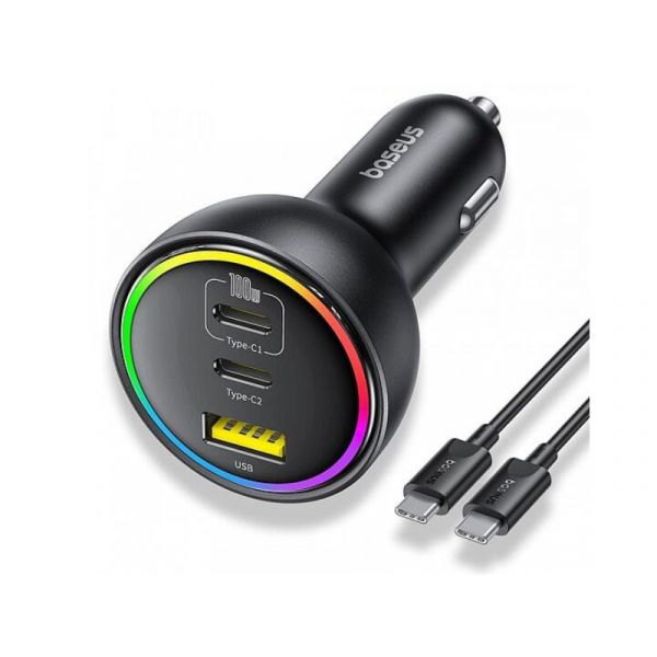 BASEUS autós töltő 2 Type-C aljzat - 152.5W, PD gyorstöltő 3.0 + Type-C kábel (C00036101111-00) fekete