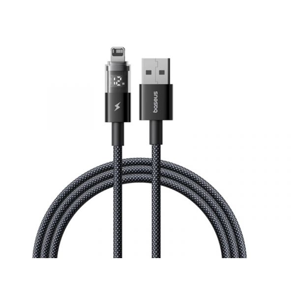 BASEUS DISPLAY II adatkábel (USB - lightning, 2.4A, gyorstöltő, cipőfűző, LED kijelző, 100cm), fekete
