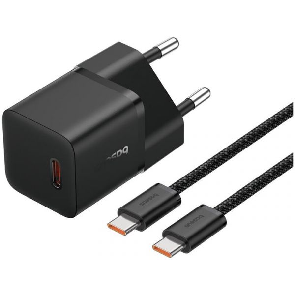 BASEUS GaN5 MINI 1C Type-C, 20W, PD gyorstöltő + Type-C kábel (P10110900113-00) fekete