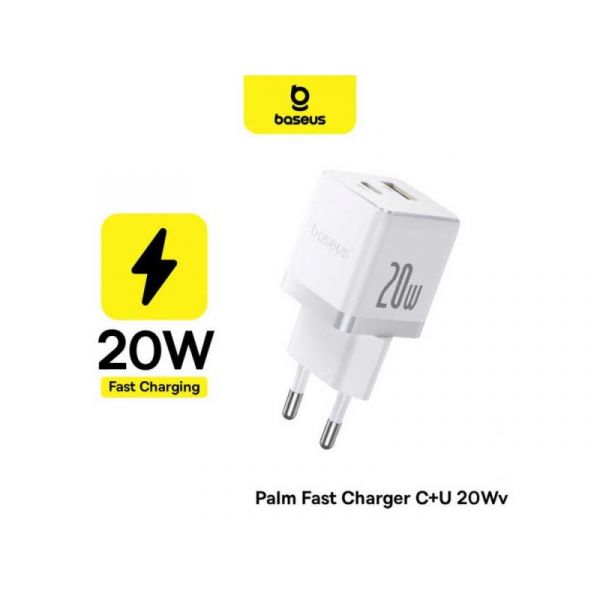 BASEUS PALM hálózati töltő USB+Type-C aljzat (20W, PD gyorstöltő 3.0 + Type-C kábel), fehér