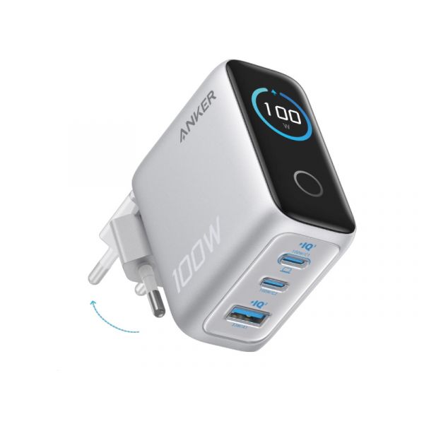 Anker Charger, 100W, 3 Ports, Smart Display (B121BG41) Silver