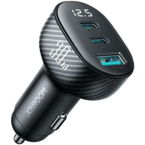 JOYROOM autós töltő USB+2 Type-C aljzat (30W, gyorstöltő, karbon minta) FEKETE (JR-CCD04)