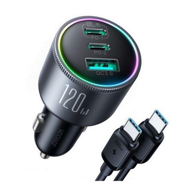 JOYROOM autós töltő USB+2 Type-C aljzat (120W, PD gyorstöltő 3.0 + Type-C kábel) SÖTÉTSZÜRKE (JR-CCN07_DG)
