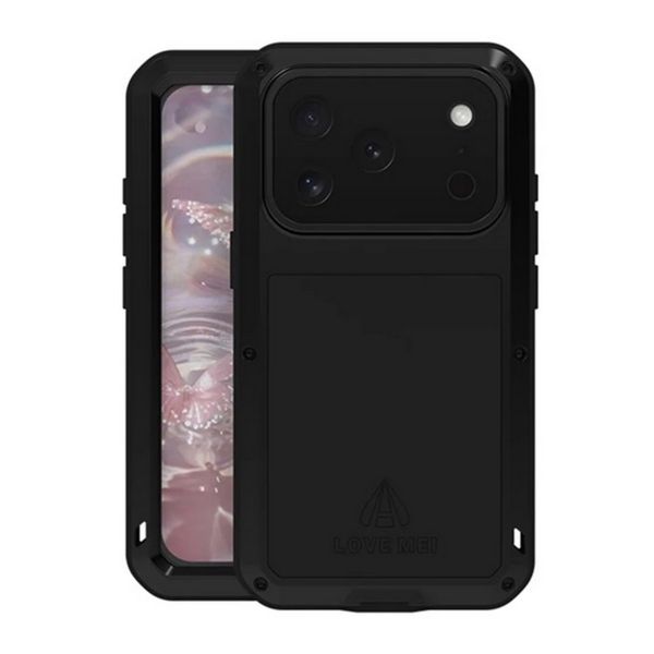 LOVE MEI Powerful defender műanyag telefonvédő (fém keret, erős ütésállóság, porálló + képernyővédő üveg) FEKETE (GP-190808)