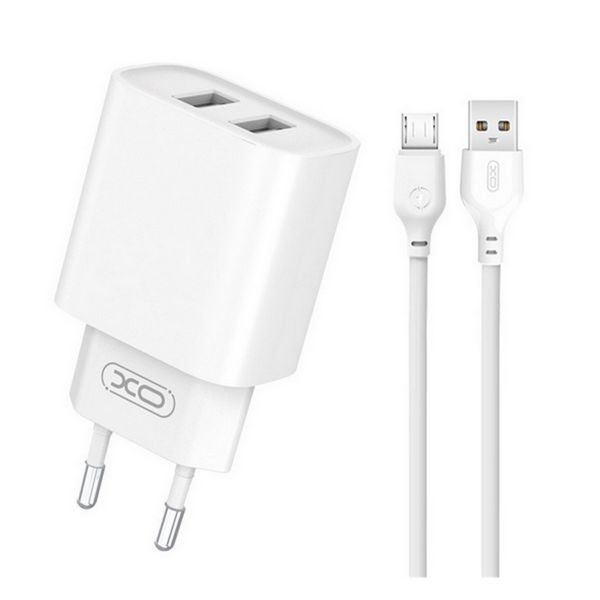 XO CE02C hálózati töltő 2 USB aljzat 10.5W, gyorstöltő + microUSB kábel (XO-CE02C_MICROUSB) FEHÉR