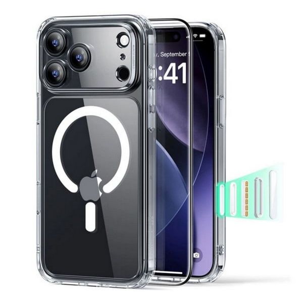 ESR CLASSIC HYBRID szilikon telefonvédő (ütésállóság, légpárnás sarok, MagSafe + képernyővédő üveg) ÁTLÁTSZÓ (GP-174883)