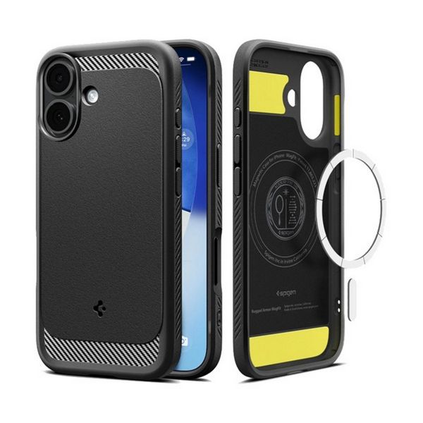 SPIGEN RUGGED ARMOR szilikon telefonvédő (ütésállóság, légpárnás sarok, karbon minta, MagSafe) FEKETE (ACS09975)