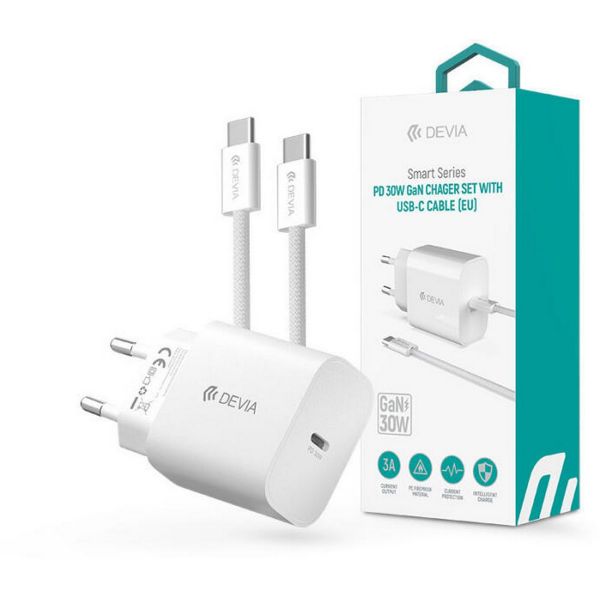 Devia Smart Series 30W GaN PD+QC fehér hálózati gyorstöltő adapter + Type-C/Type-C kábel (ST399800)
