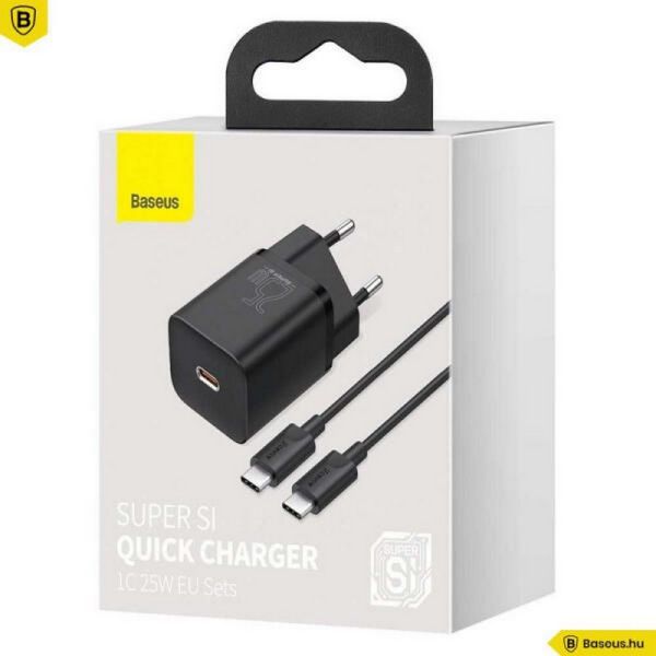 Baseus Super Si hálózati gyorstöltő 25W, USB Type-C, fekete + 3A USB Type-C, 1m kábel (TZCCSUP-L01)