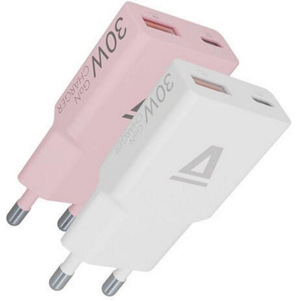 AVAX CH6412 30W GaN USB-C és USB-A gyorstöltő duo szett, fehér és rózsaszín