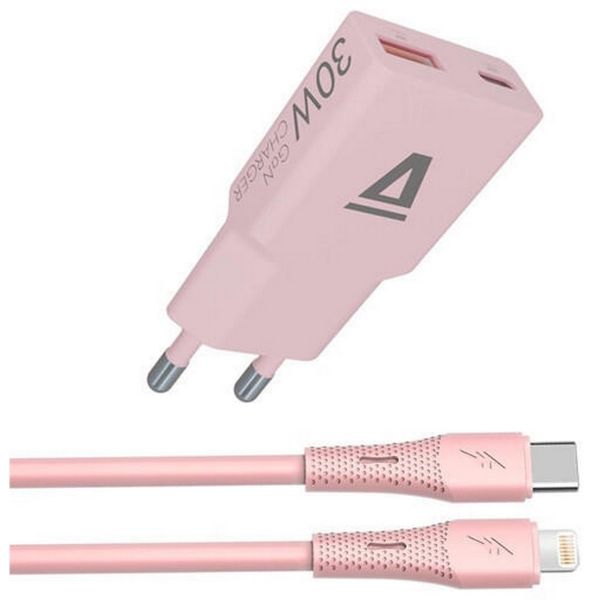AVAX CH6418 30W GaN töltő és USBC-Lightning szilikon kábel szett, rózsaszín