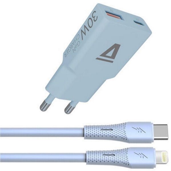 AVAX CH6416 30W GaN töltő és USBC-Lightning szilikon kábel szett, világoskék