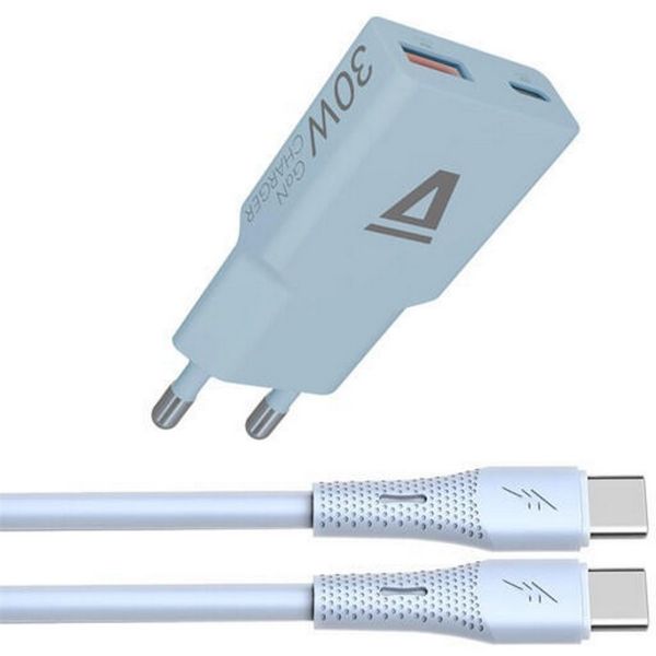 AVAX CH6415 30W GaN gyorstöltő és 60W USB-C szilikon kábel szett, világoskék