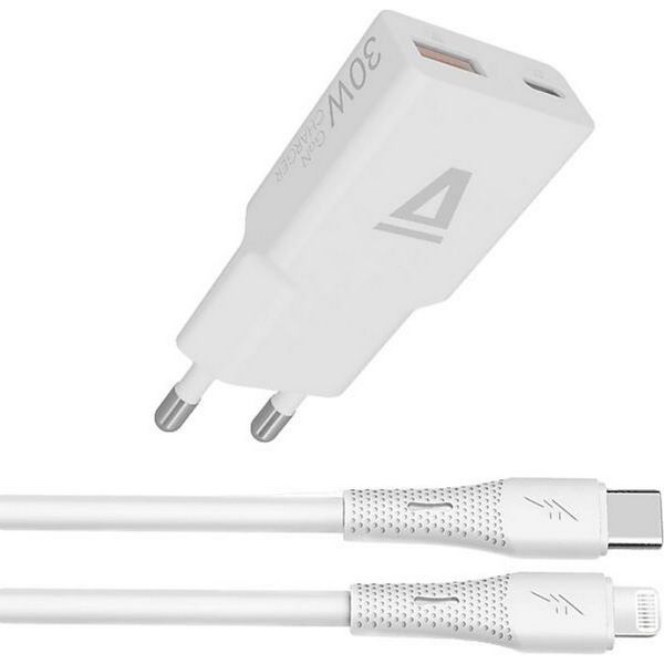 AVAX CH6414 NANO GaN USB-A + USB-C 30W hálózati gyorstöltő, fehér + 27W USBC–Lightning töltőkábel 1.5m
