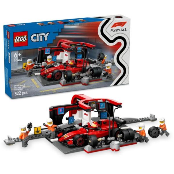 LEGO F1-es boxutca és személyzet, Ferrari autóval, versenyautós játék (60443)