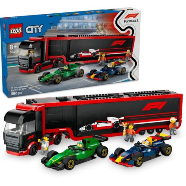 LEGO City F1-es kamion, RB20 és AMR24 F1-es autókkal, játék versenyautó-szállítót tartalmazó szett (60445)