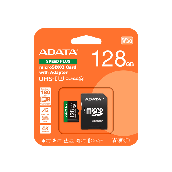 ADATA Memóriakártya MicroSDXC 128GB + Adapter SPEED PLUS UHS-I U3 (180/160)
