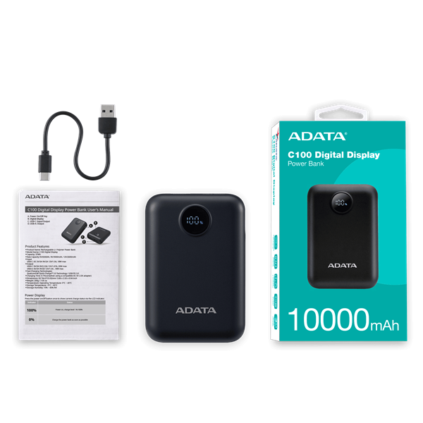 ADATA Power Bank 10000mAh C100 Fekete, Digitális kijelző