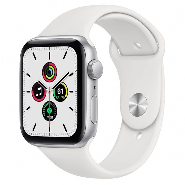 Apple Watch SE GPS, 44mm (MYDQ2HC/A) Ezüst alumíniumtok, fehér sportpánt