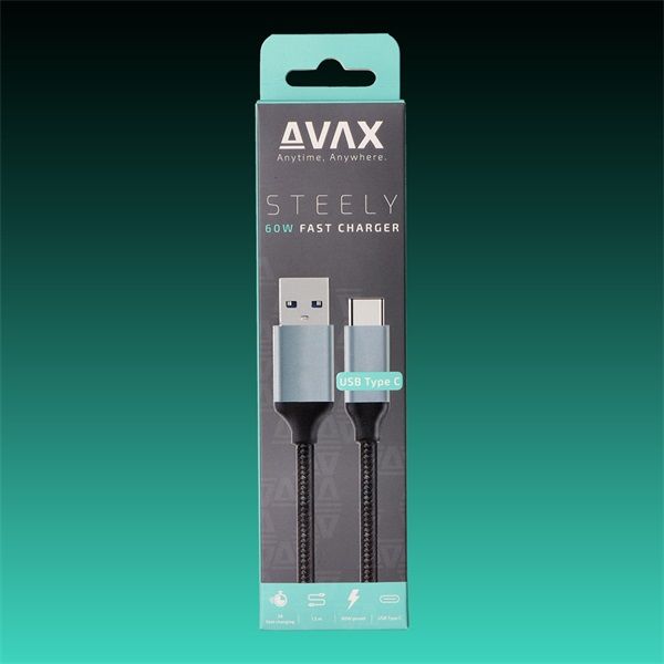 AVAX Töltőkábel, USB-A - USB-C, 3A, 1,5 méter, acélszürke