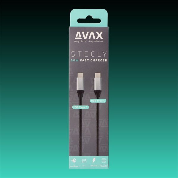 AVAX Töltőkábel, USB-C - USB-C, 60W, 3A, 1,5 méter, acélszürke