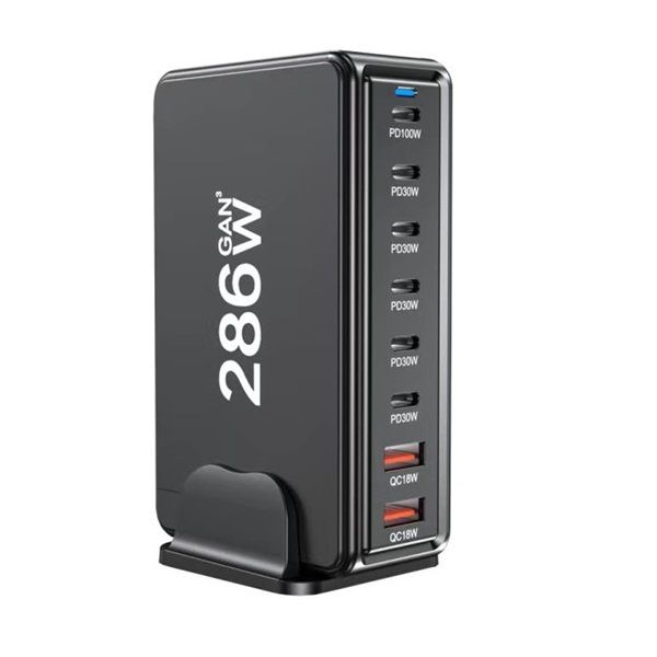 BLACKBIRD BH1670 Hálózati Töltő GAN 286W 1xUSB-C PD100W + 4xUSB-C PD30W + 3xUSB QC18W, Fekete