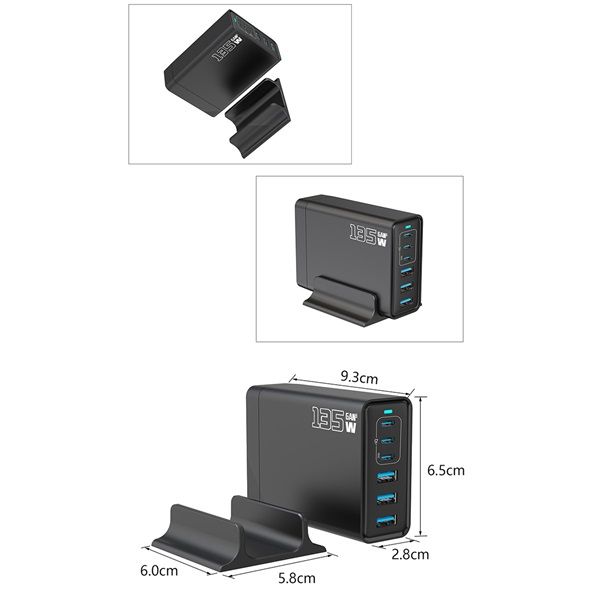 BLACKBIRD BH1669 Hálózati Töltő GAN 135W 3xUSB-C 20W + 3xUSB 5V, Fekete