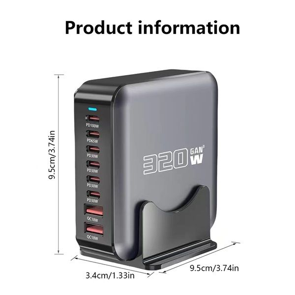 BLACKBIRD Hálózati Töltő GAN 320W 1xUSB-C PD100W + 1xUSB-C PD65W + 4xUSB-C PD30W + 2xUSB QC18W, Fekete (BH1666)