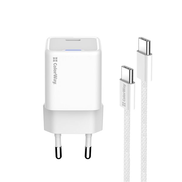 COLORWAY AC töltő GaN Mini 25W PD port PPS USB-C fehér kábel Type-C (CW-CHS052PDC-WT)