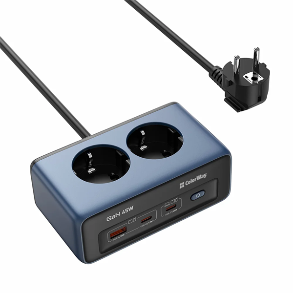 COLORWAY Hálózati és USB elosztó, 2 dugalj, 2x220V/1xUSB-A/2xUSB-C (GaN45W) (CW-CHE25PDB)